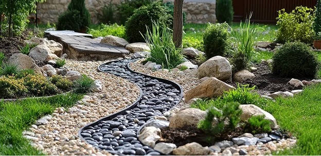 Jardin paysager avec chemin de galets noirs sinueux, entouré de rochers et verdure à Allainville près d'Ablis dans les Yvelines 78