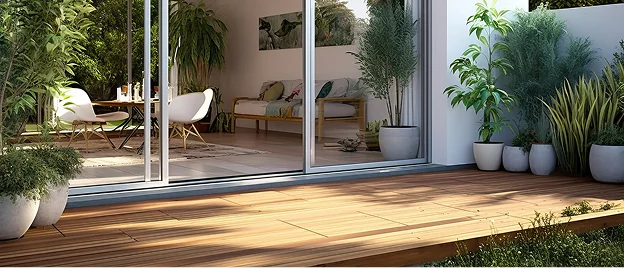 Terrasse en bois avec plantes en pots et porte coulissante vers un salon moderne à Allainville près d'Ablis dans les Yvelines 78