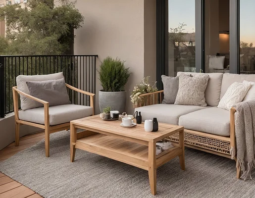 Balcon élégant avec mobilier en bois clair, canapé, fauteuil, table basse et plantes à Allainville près d'Ablis dans les Yvelines 78