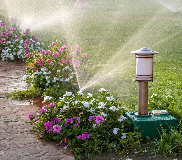Un arroseur automatique irrigue un parterre de fleurs colorées et une pelouse verdoyante à Allainville près d'Ablis dans les Yvelines 78